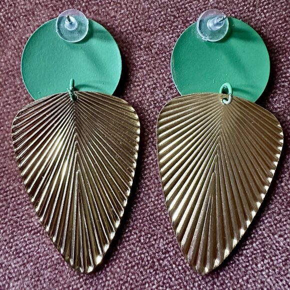Green And Gold Textured Geometric Drop Earrings - Picture 2 of 2